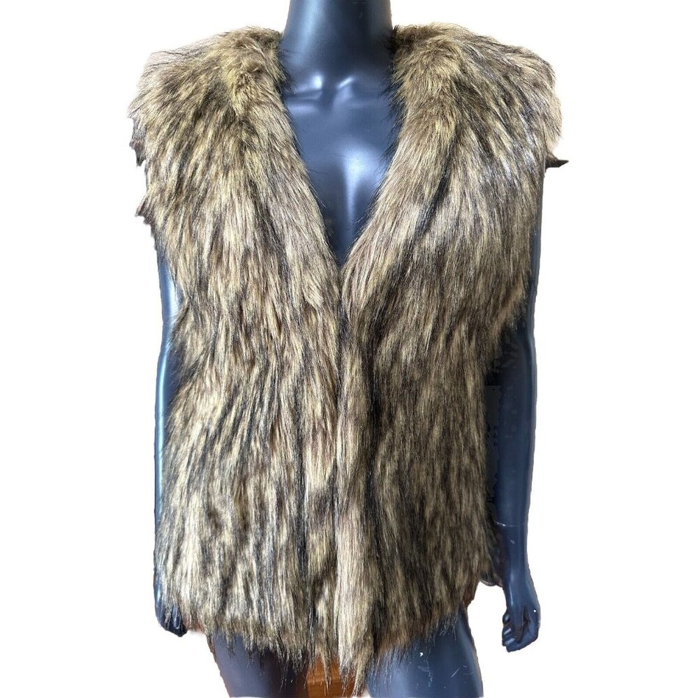New Ellison Faux Fur Vest Women's Size M Brown Pockets Hook Eye Closure